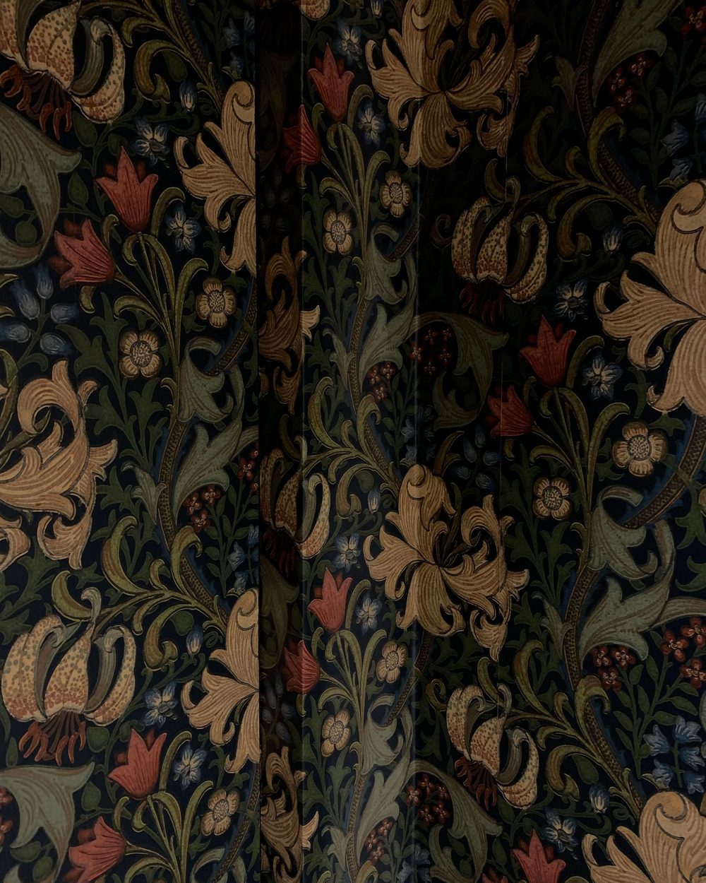Close-up of a dark botanical wallpaper with sage leaves and clay-red flowers showing the printed texture